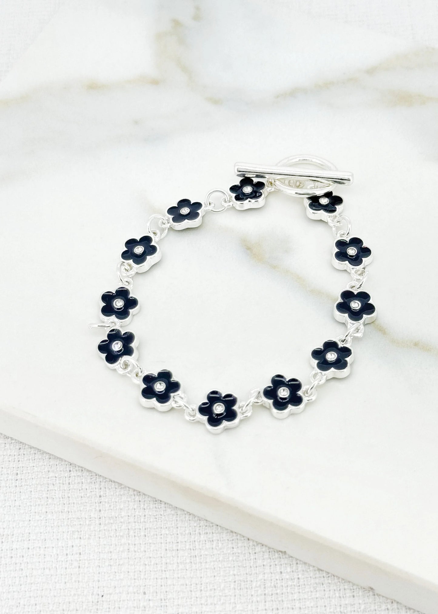 Silver and grey enamel daisy T-bar bracelet