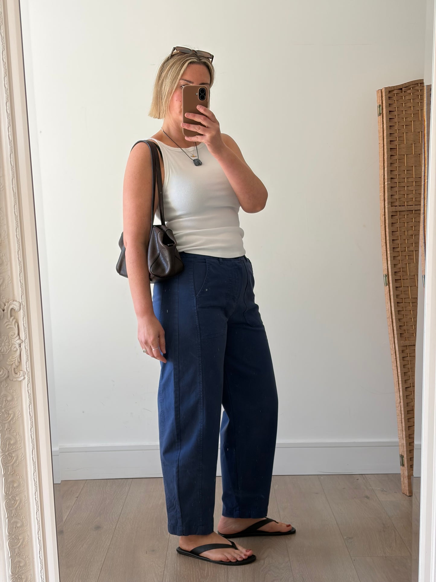 Blue barrel leg trousers