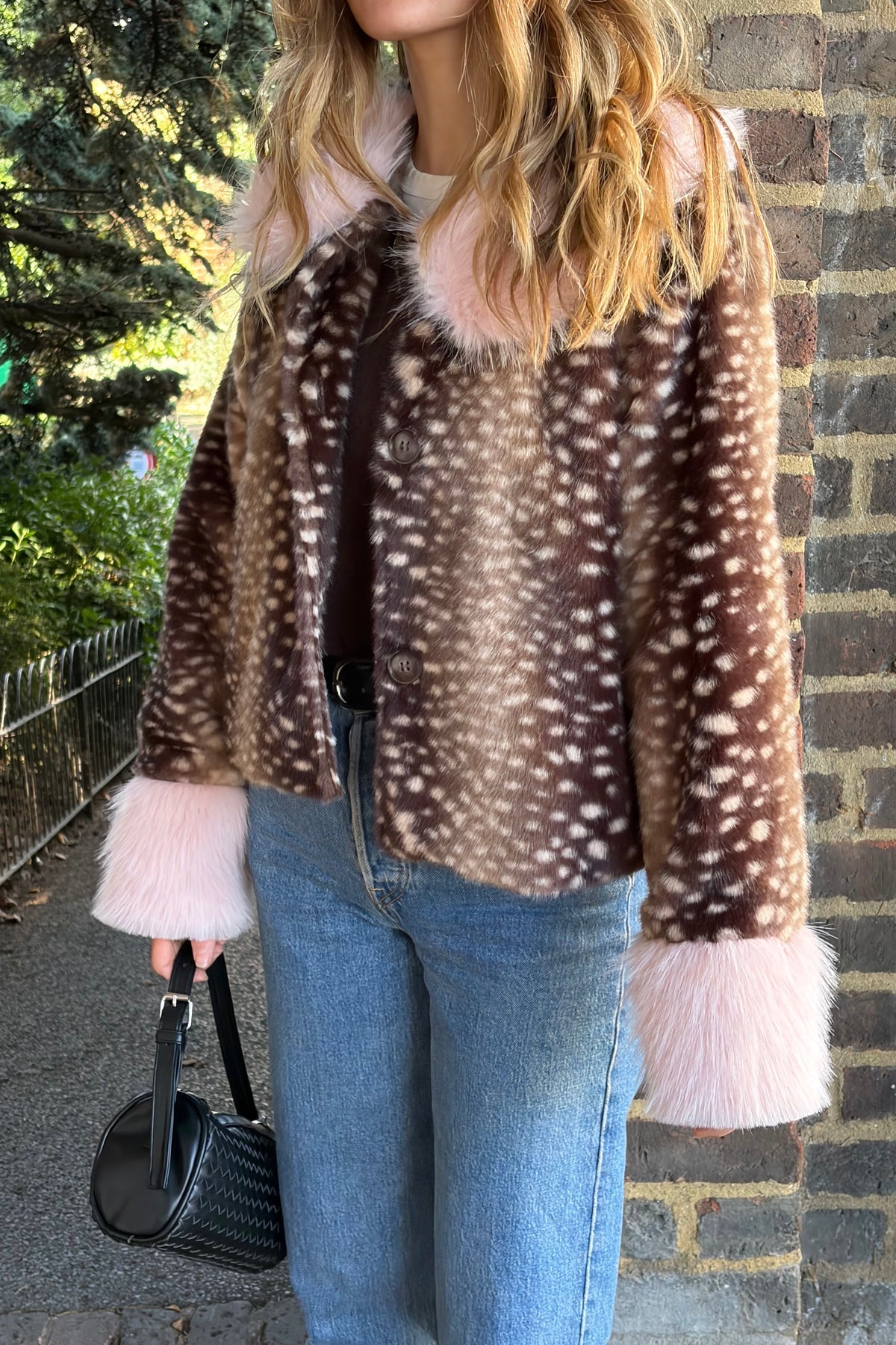 Fawn Print Fur Jacket in Brown/Pink