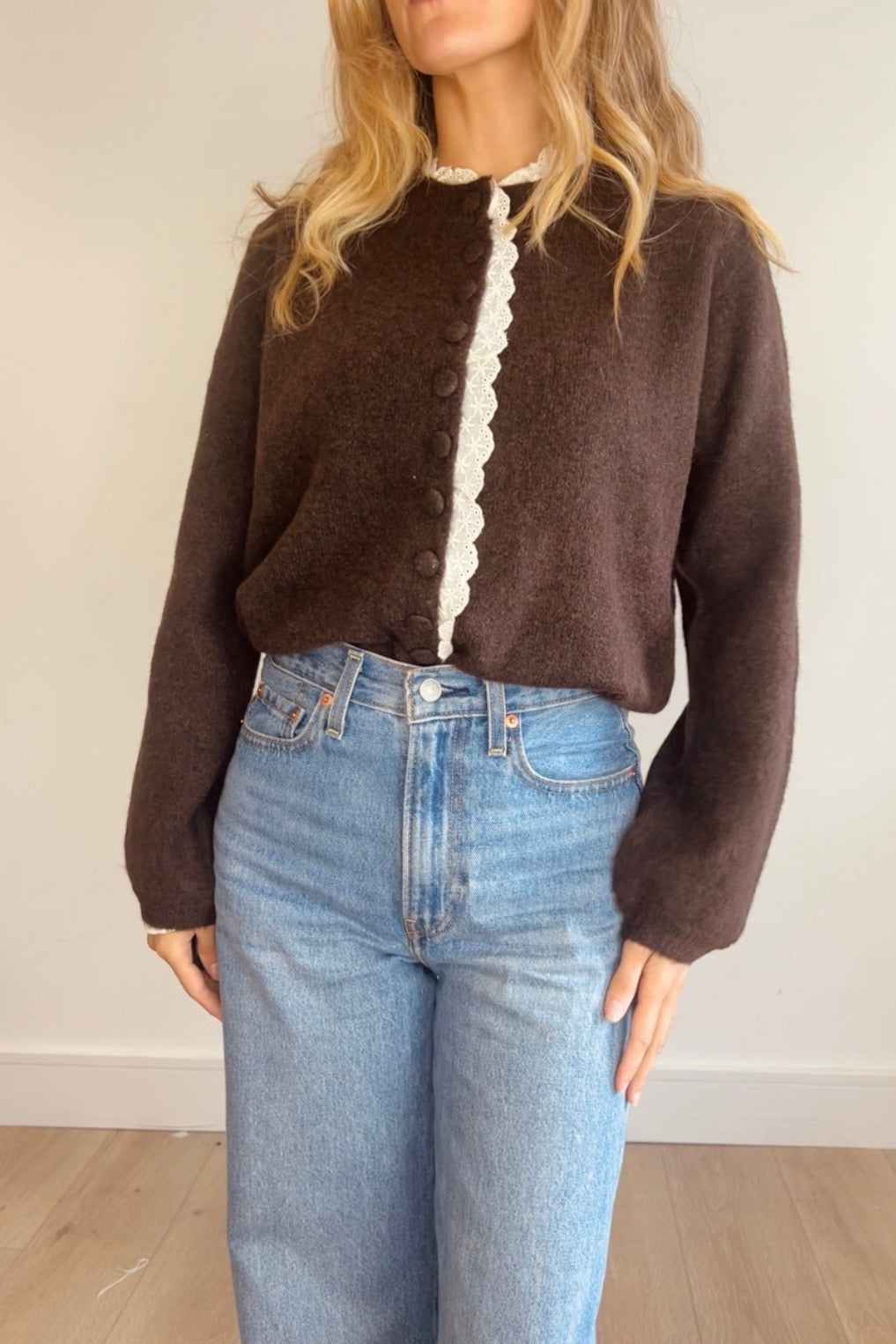 Soft Knit Lace Trim Cardigan in Chocolate