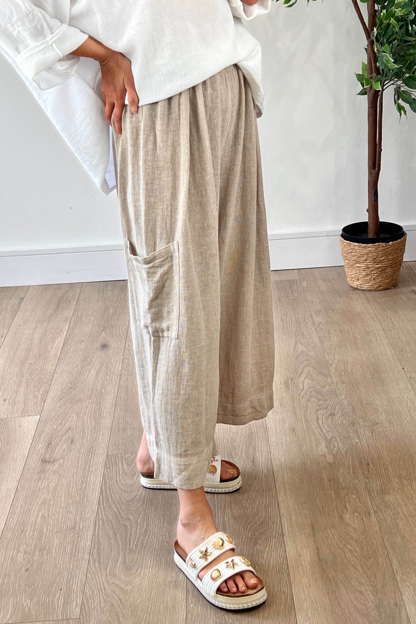 Linen Blend Cropped Wide leg Trousers