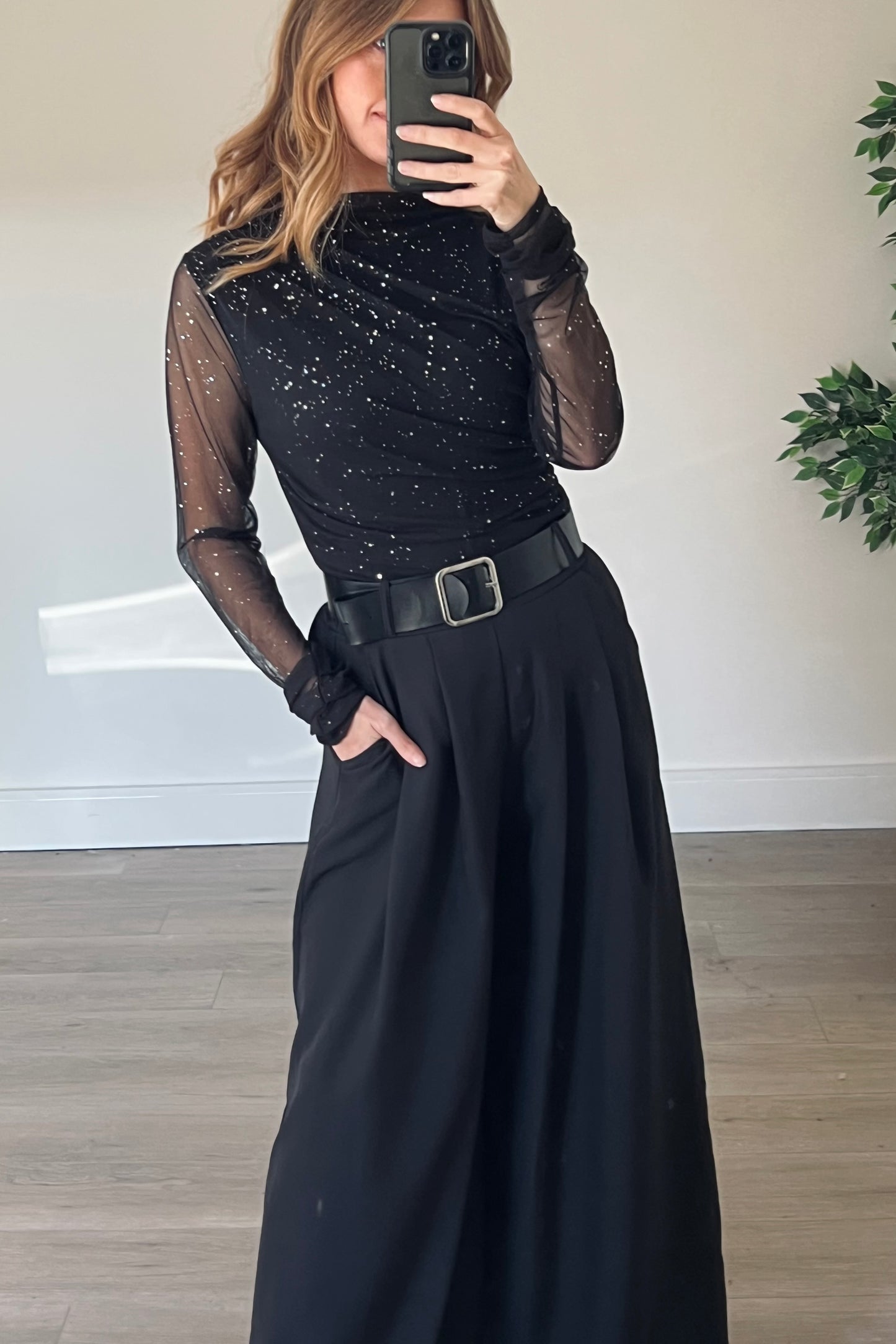 Black Drape Detail Sparkle Top