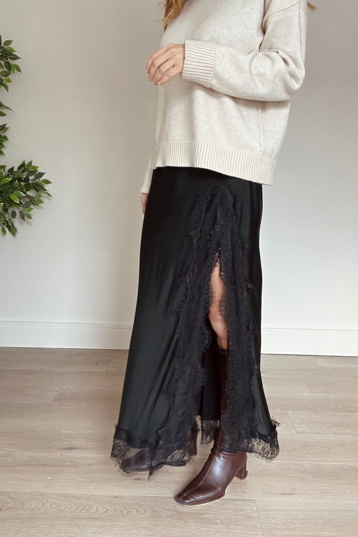 Satin Skirt With Lace Detail and Split