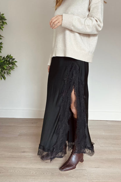 Satin Skirt With Lace Detail and Split