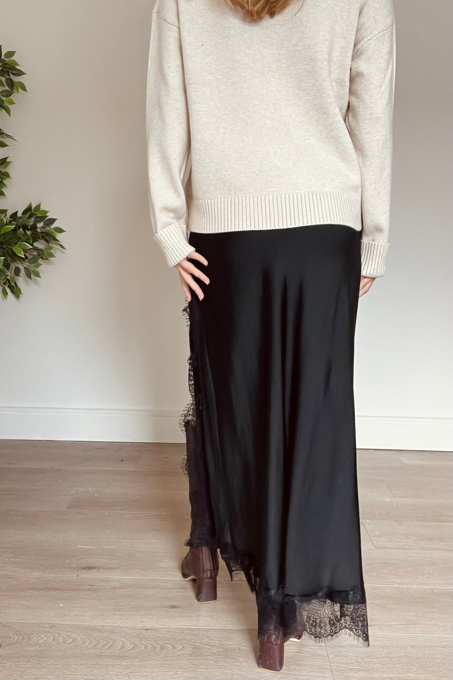 Satin Skirt With Lace Detail and Split