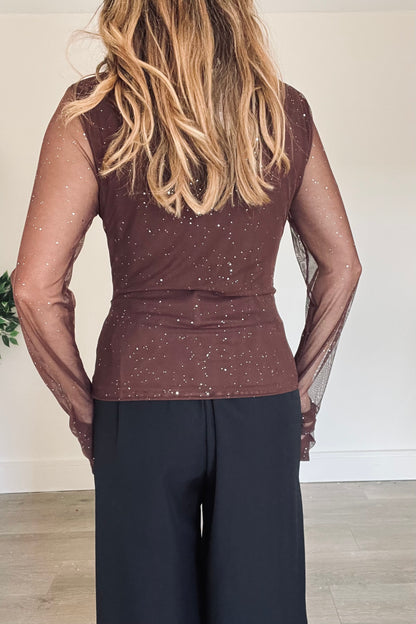 Mesh Drape Detail Sparkle Top in Brown