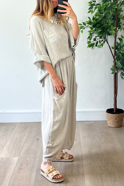 Washed Linen Barrel Trousers in Natural