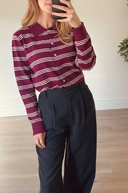 Burgundy Stripe Button Down Jumper With Collar