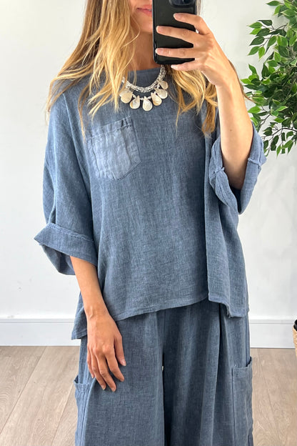 Linen Blend Pocket Top in Navy