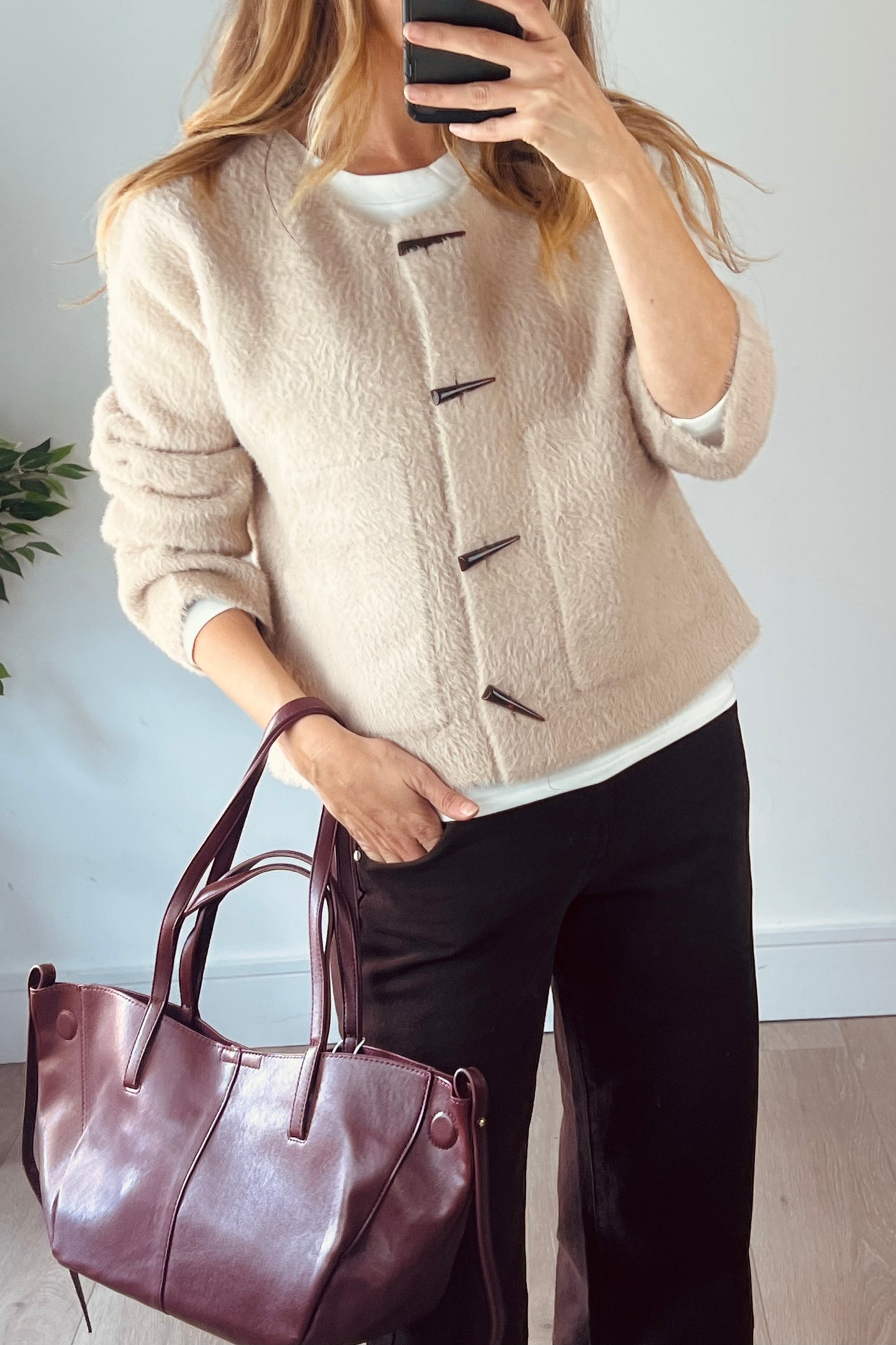 Fluffy Toggle Cardigan in Beige