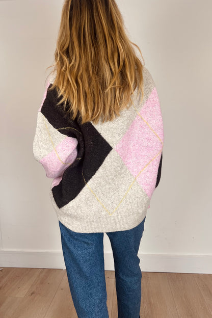 Soft Argyle Knit Jumper in Pale Pink