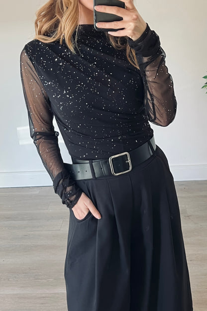 Black Drape Detail Sparkle Top