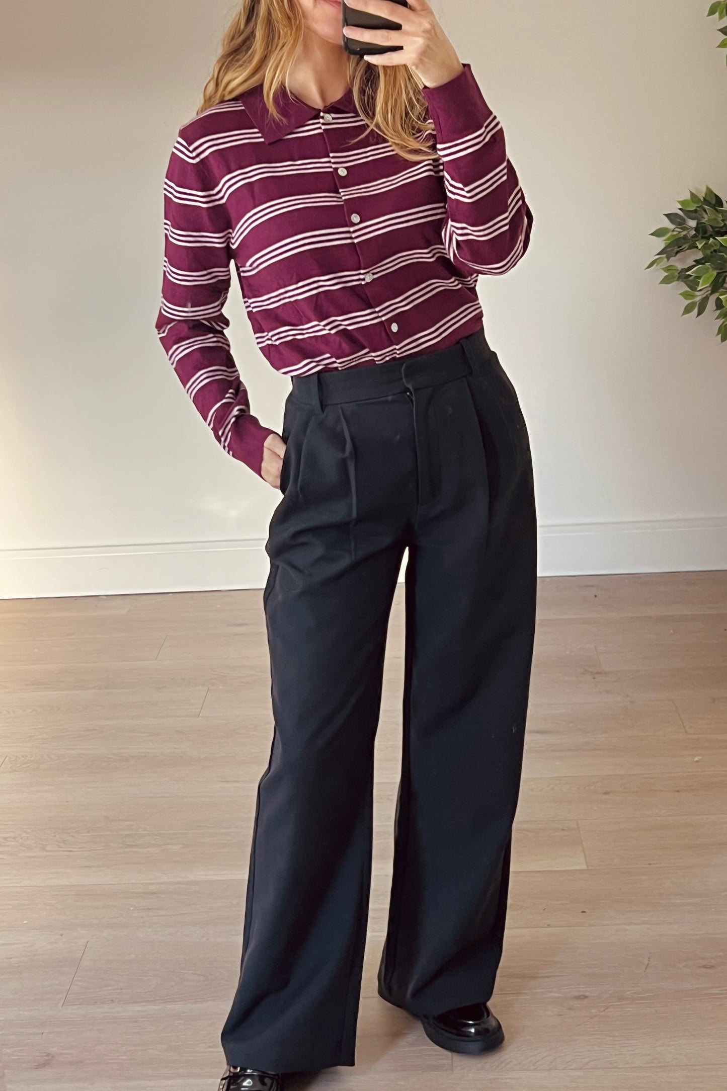 Burgundy Stripe Button Down Jumper With Collar