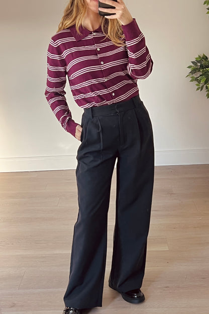 Burgundy Stripe Button Down Jumper With Collar