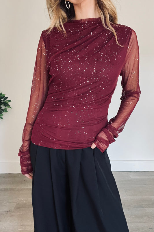 Mesh Drape Detail Sparkle Top in Burgundy