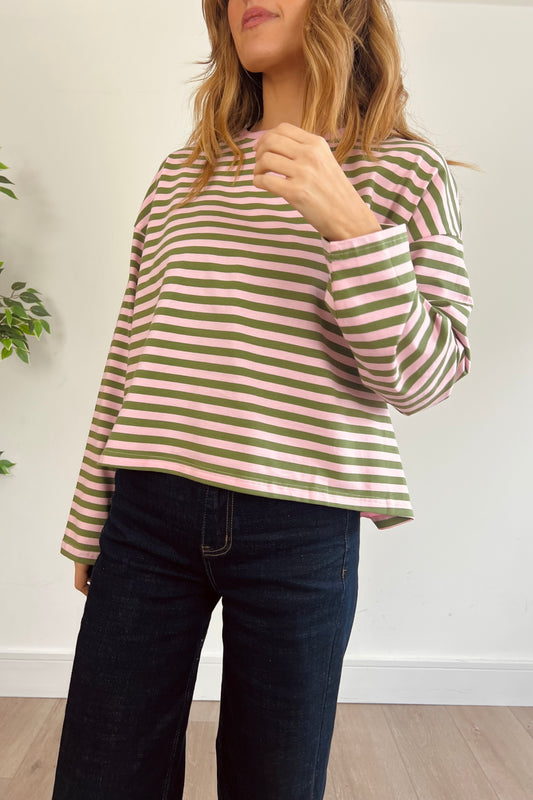 Pink/Green Stripe Heavy Long Sleeve Top