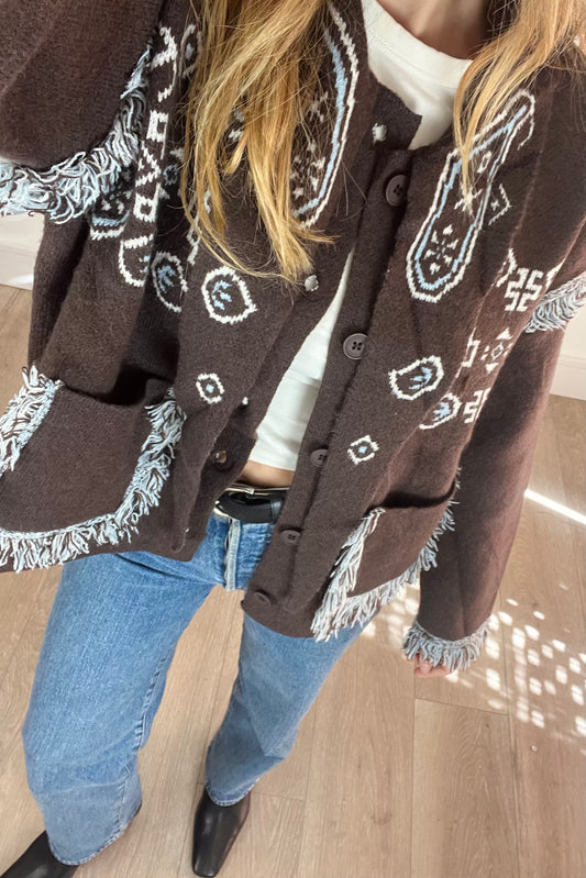Fringe & Scarf Detail Heavy Knit Cardigan
