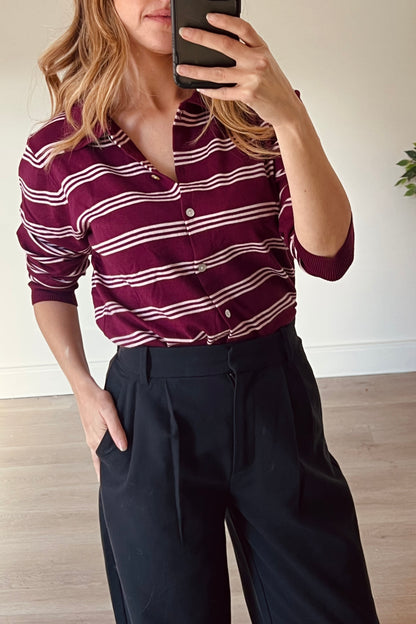 Burgundy Stripe Button Down Jumper With Collar