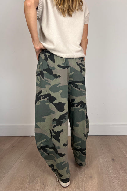 Khaki Camouflage Print Barrel Trousers