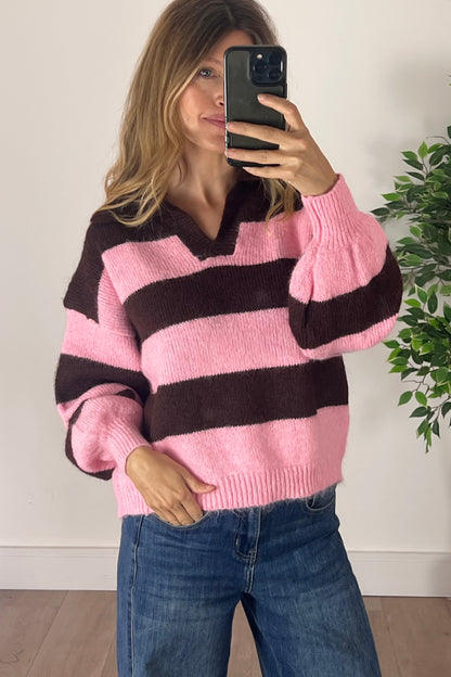 Pink/Brown Knit Jumper With Collar