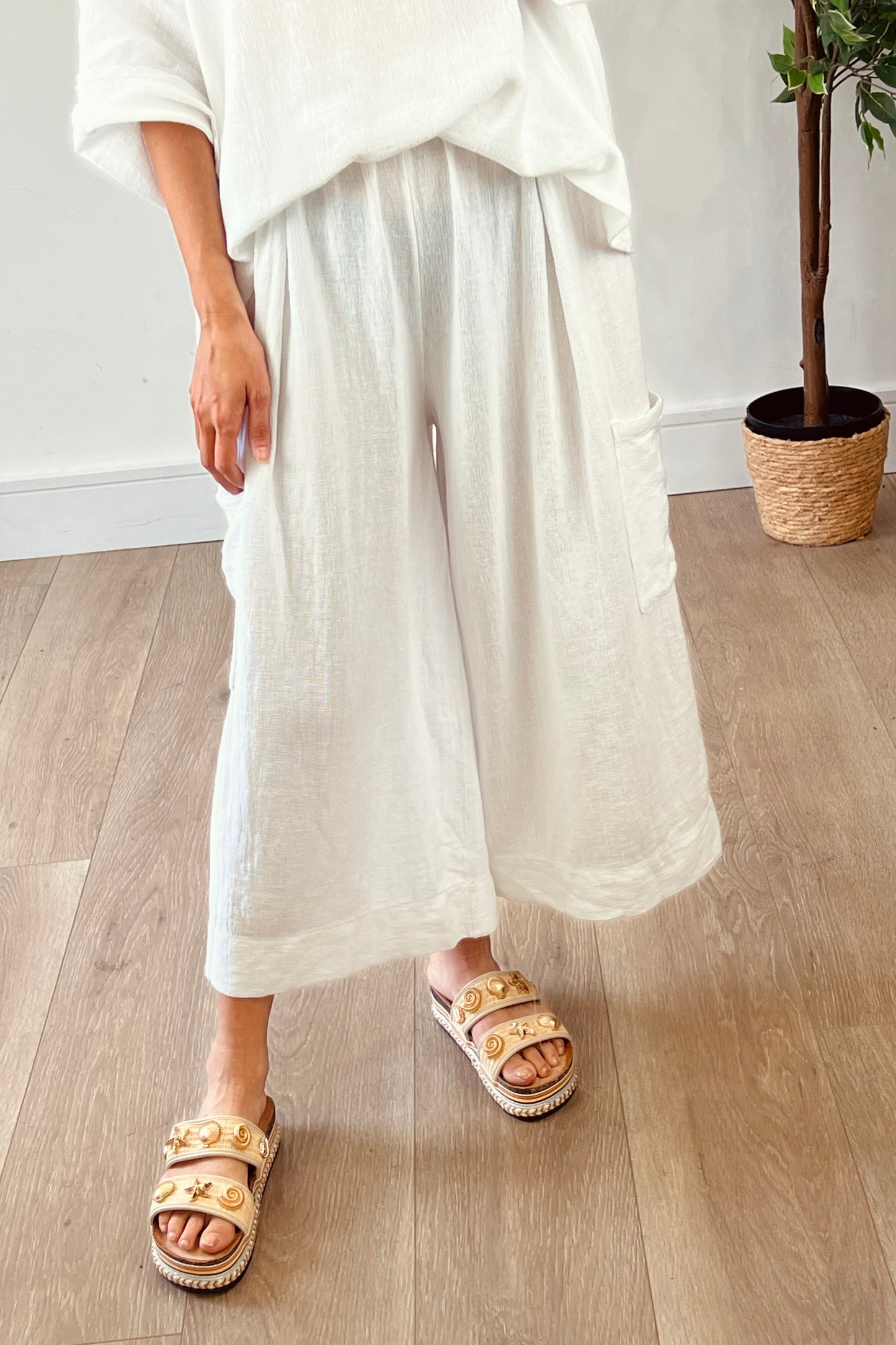 Linen Blend Cropped Wide leg Trousers