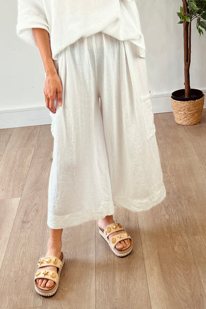 Linen Blend Cropped Wide leg Trousers