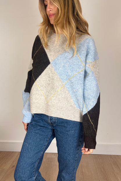 Soft Argyle Knit Jumper in Pale Blue