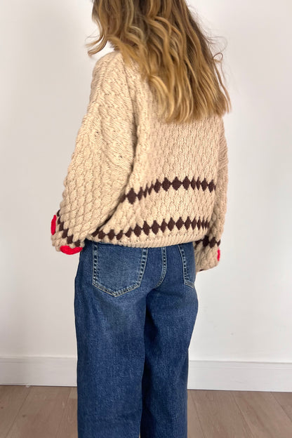Beige Chunky Knit Jumper With Red Heart Detail