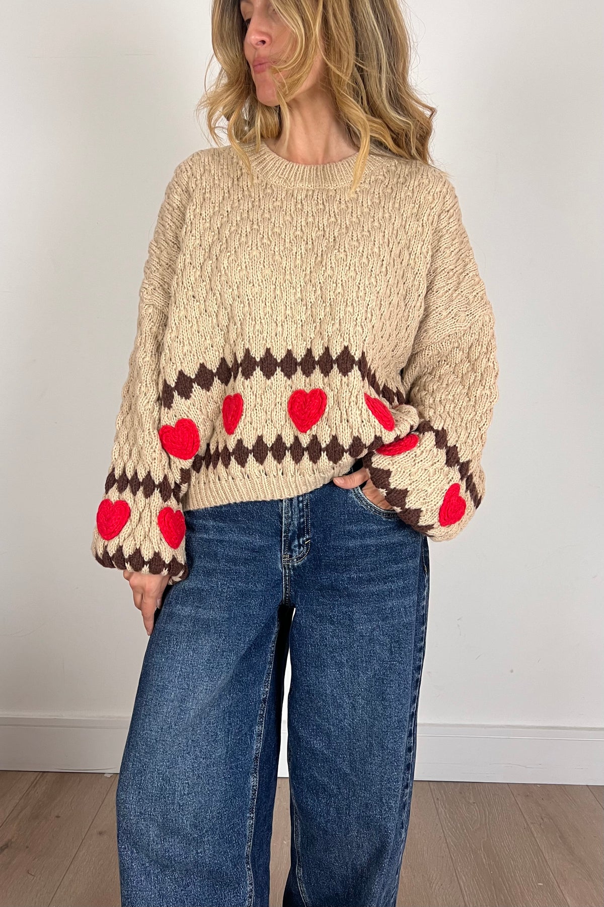 Beige Chunky Knit Jumper With Red Heart Detail