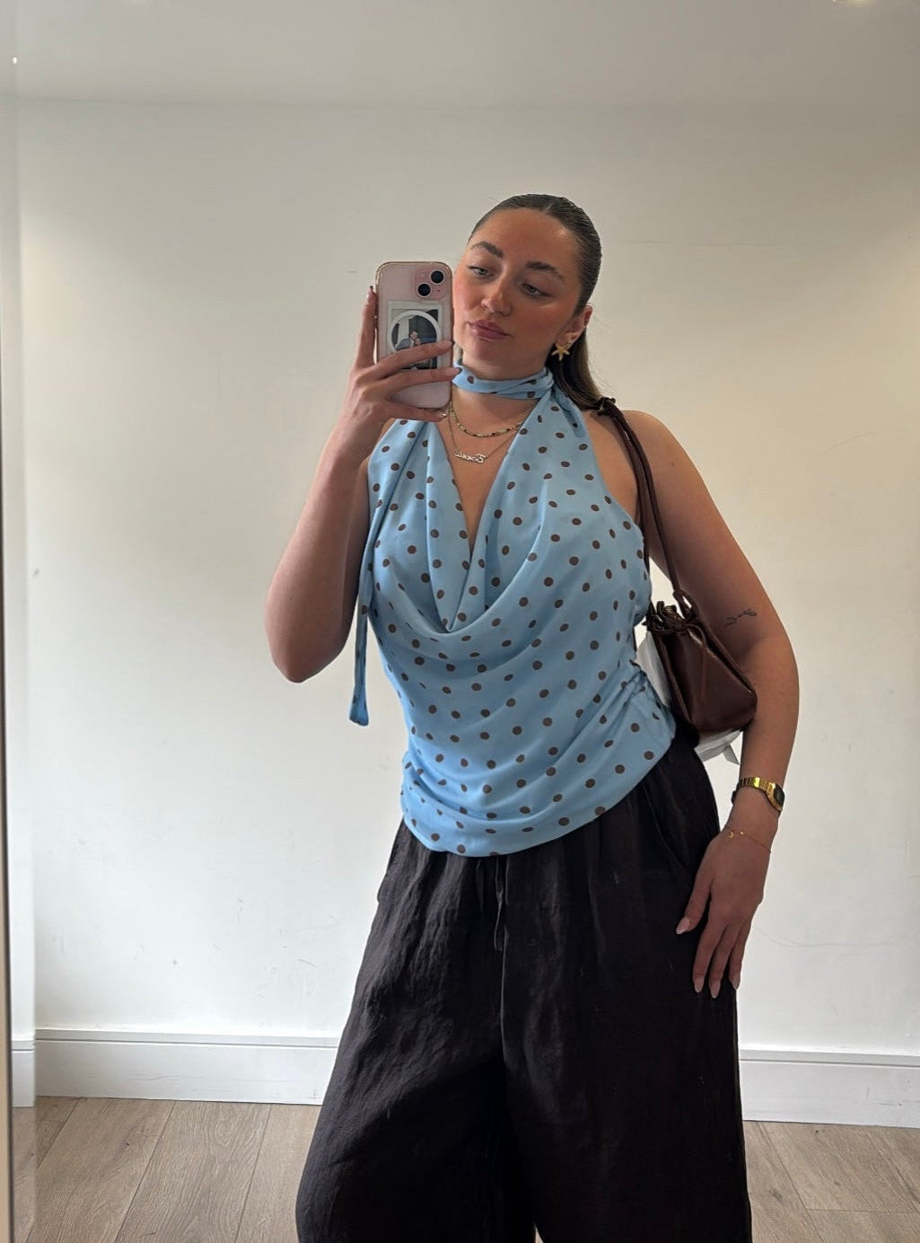 Cowl halterneck scarf detail polka dot top