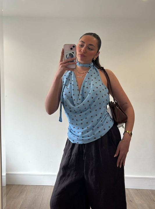 Cowl halterneck scarf detail polka dot top