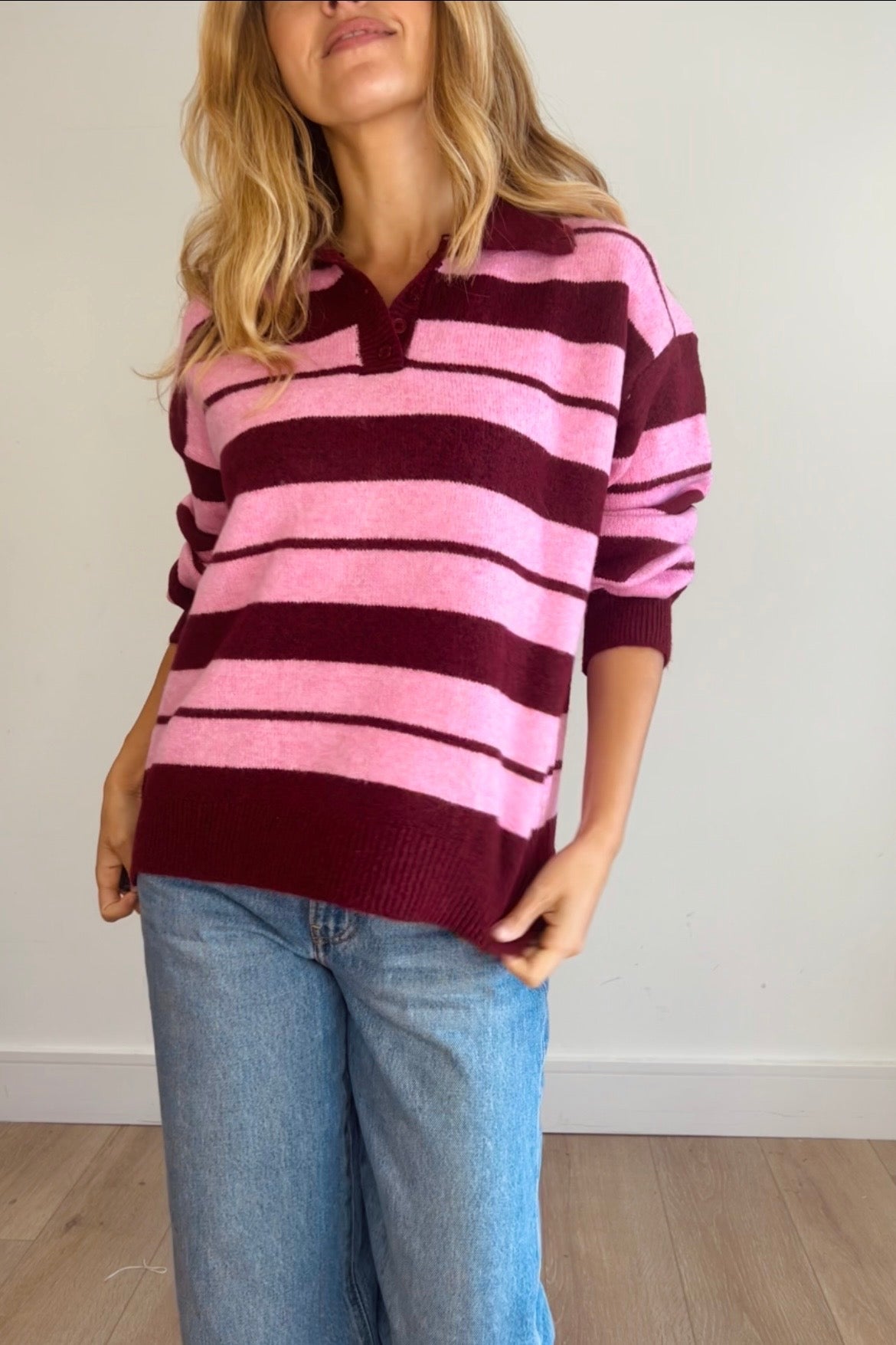 Red/Pink Stripe Polo Style Jumper