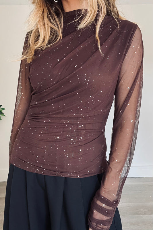 Mesh Drape Detail Sparkle Top in Brown