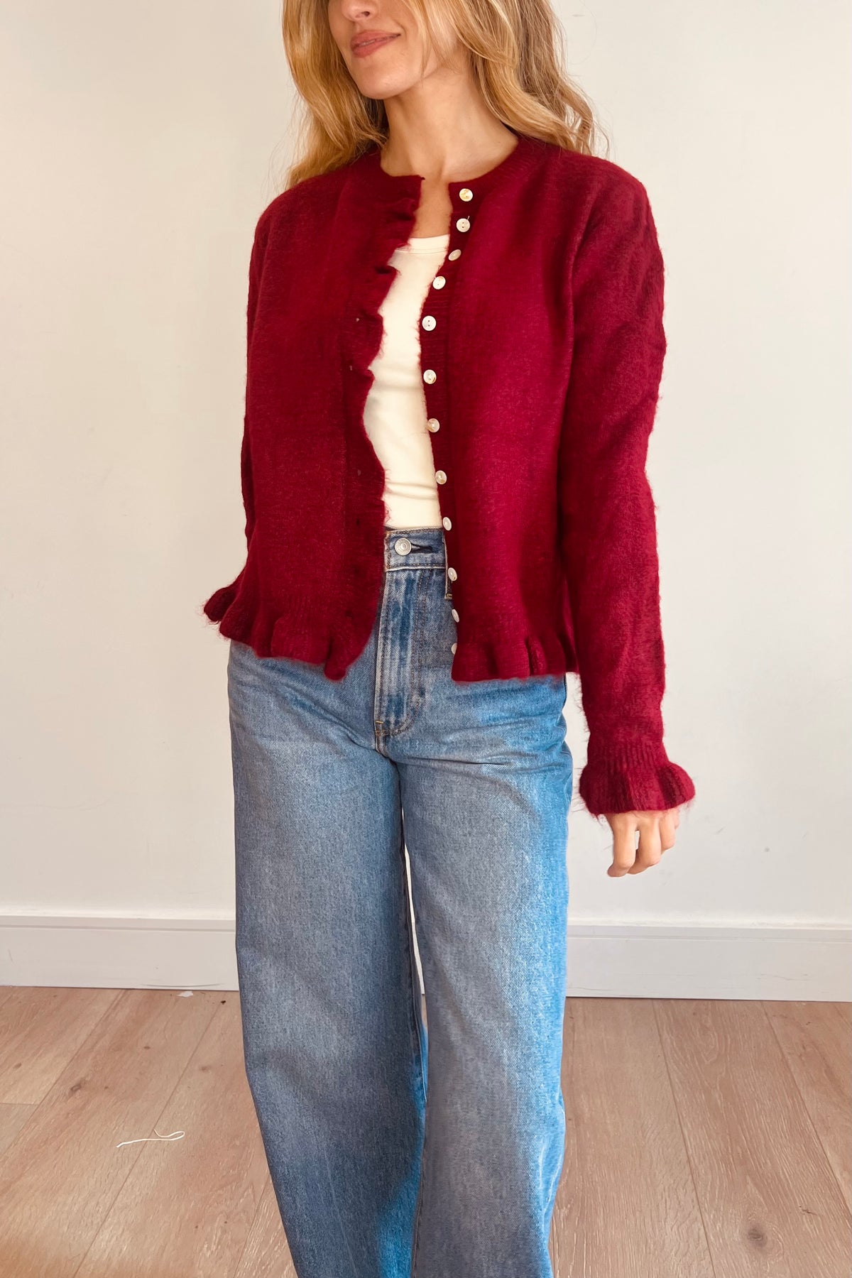 Soft Burgundy Frill Trim Cardigan