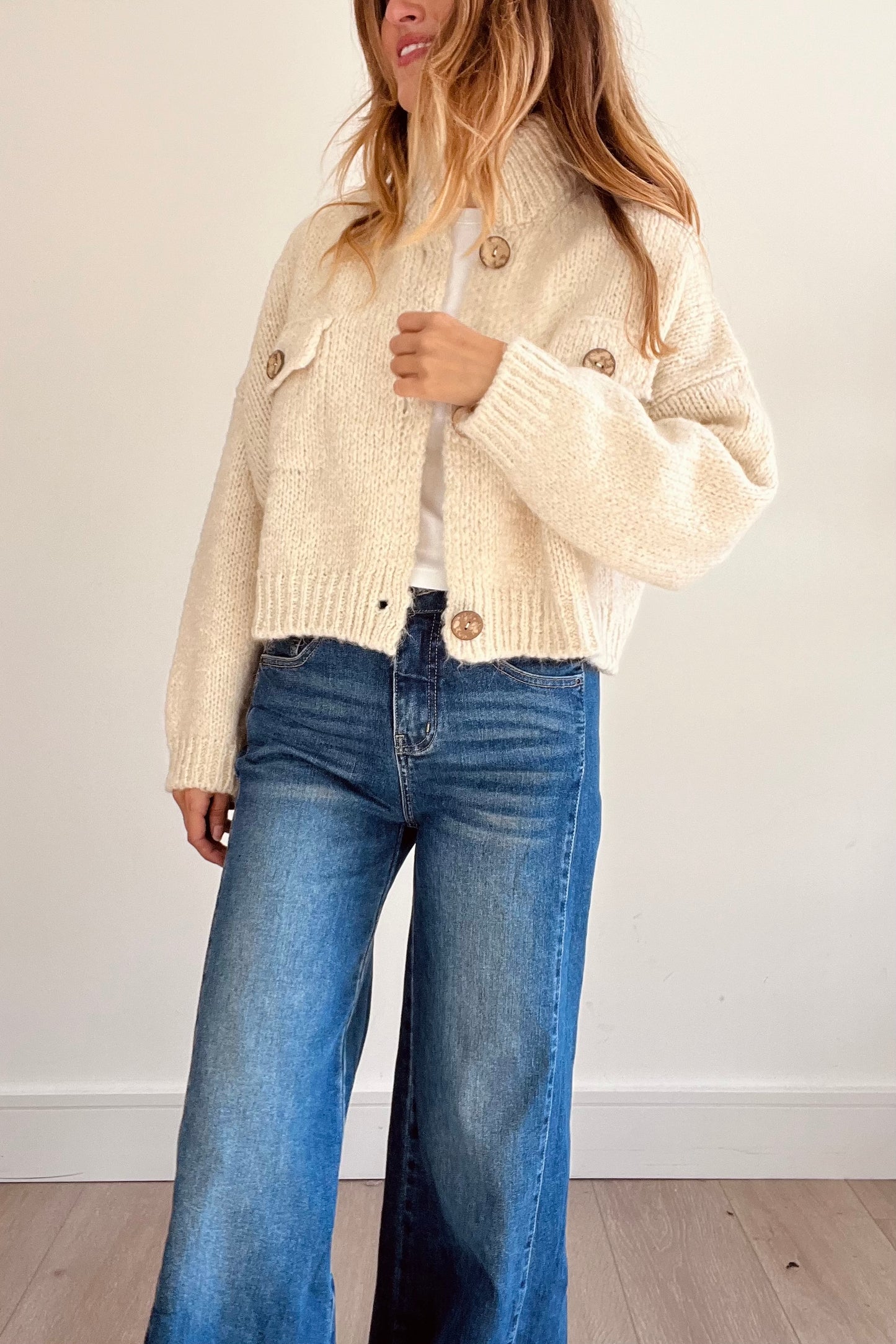 Chunky Knit Crop Cardigan in Cream