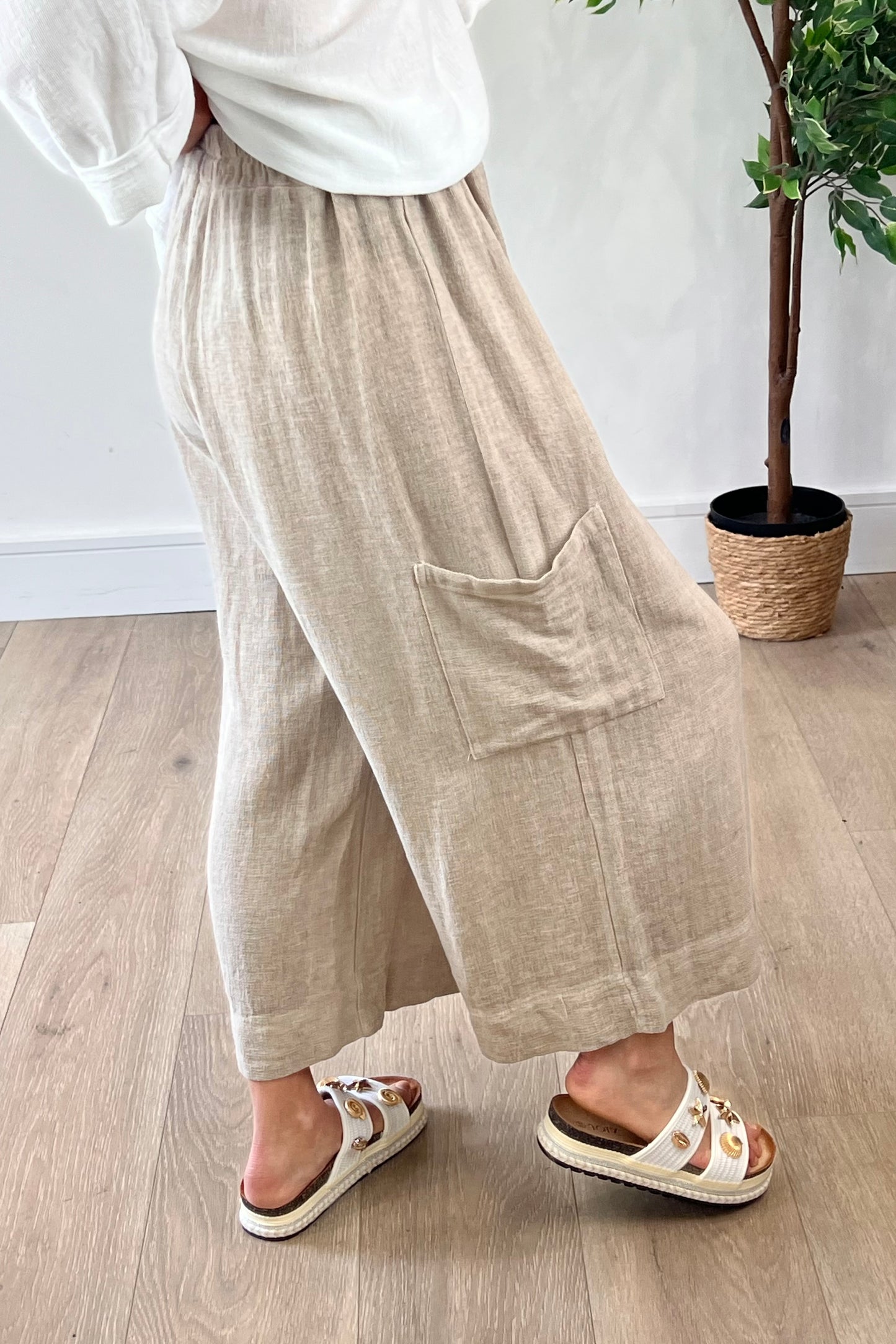 Linen Blend Cropped Wide leg Trousers