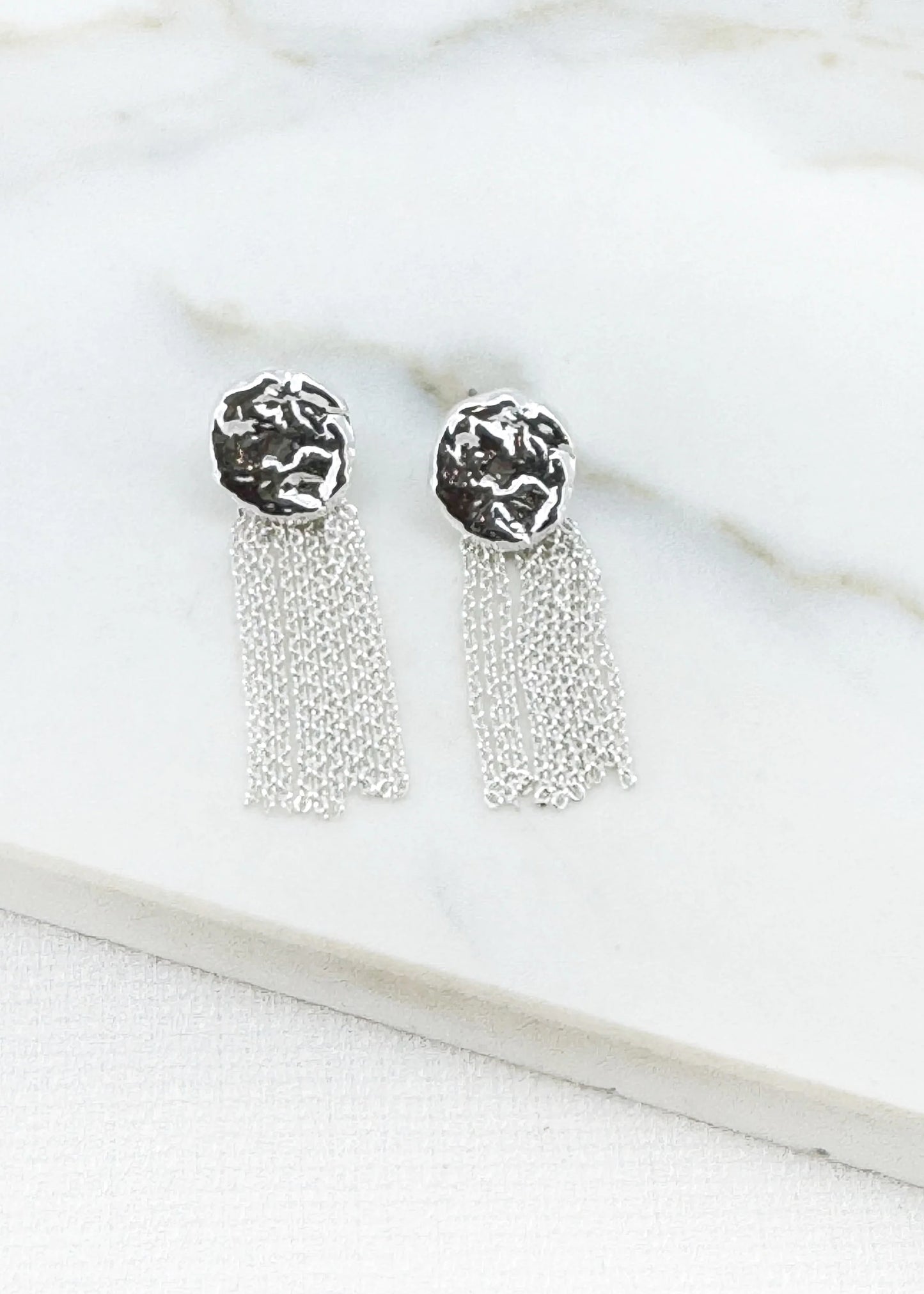 Silver hammed disc and tassel chain earring