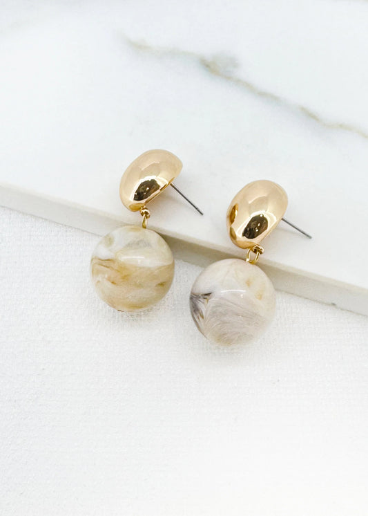 Gold stud with marble taupe ball earring