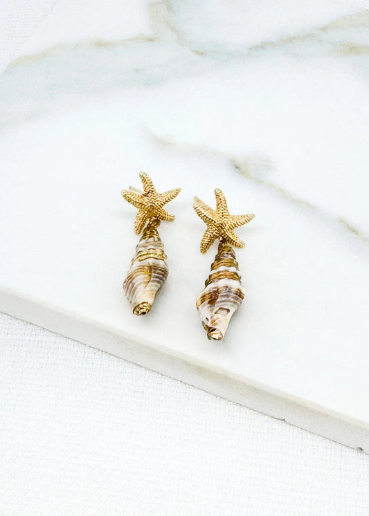 Gold starfish and shell earring
