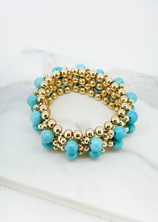 Elasticated wide gold ball bracelet with turquoise beads