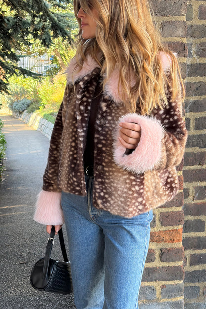 Fawn Print Fur Jacket in Brown/Pink
