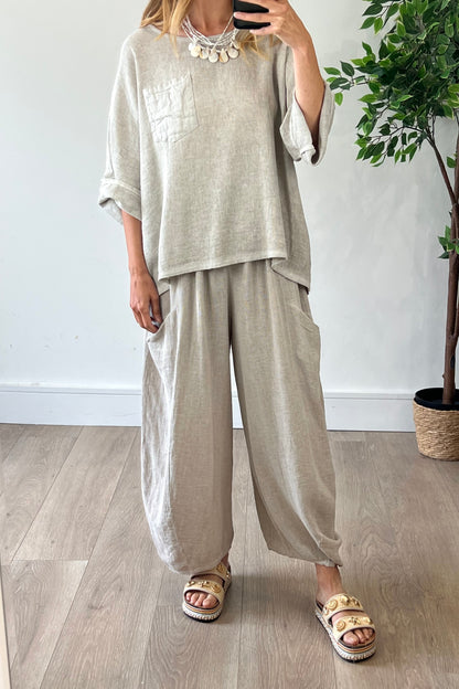 Washed Linen Barrel Trousers in Natural