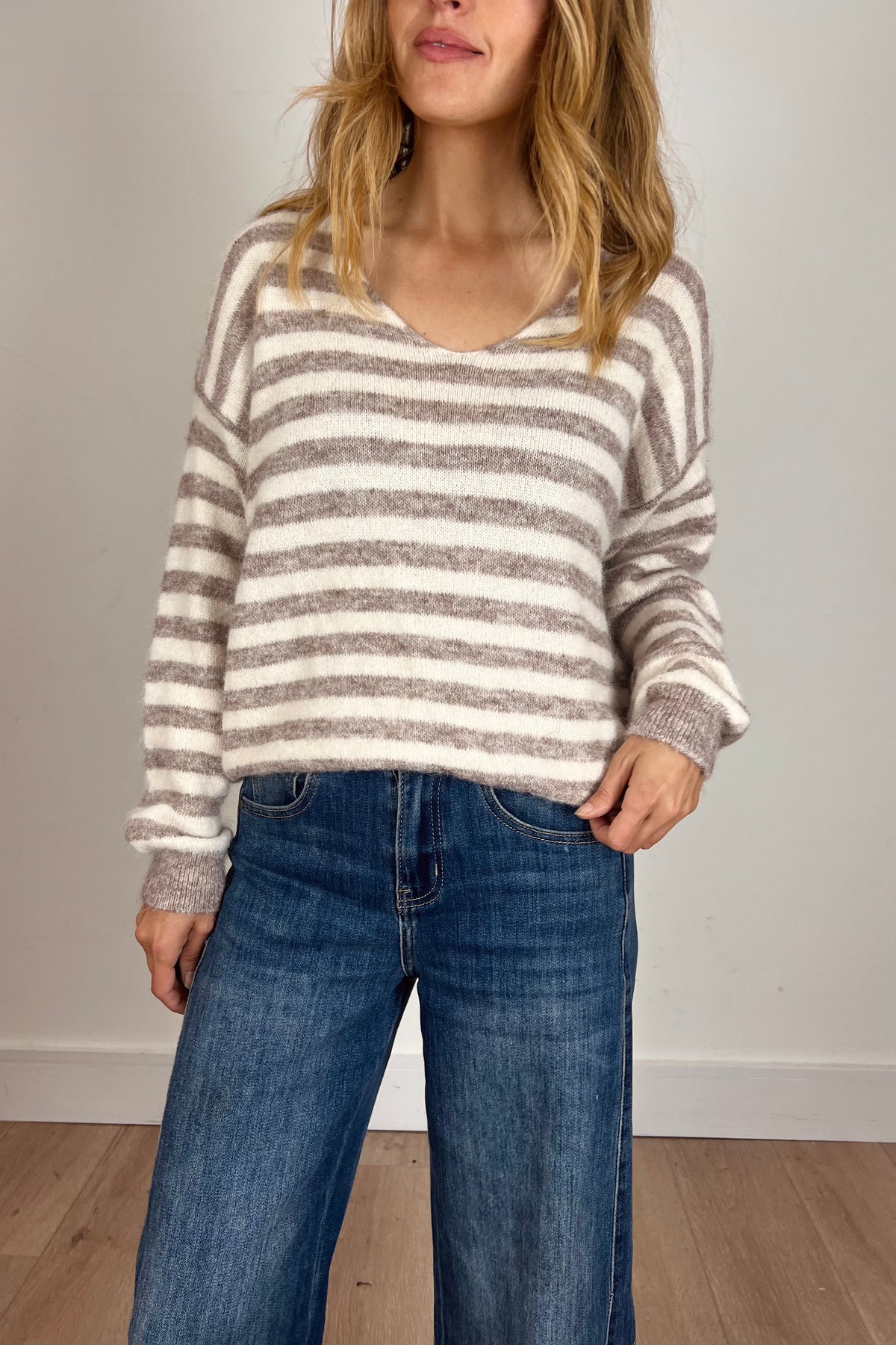 Knitted Stripe V Neck Jumper
