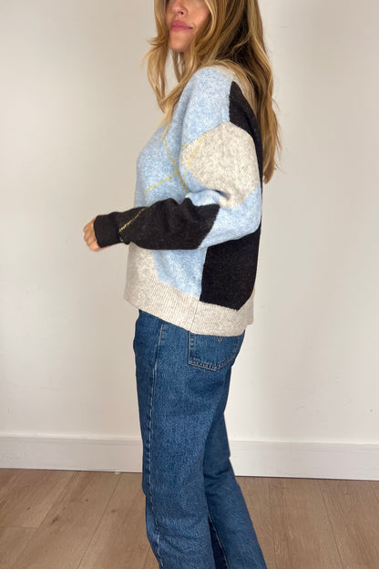 Soft Argyle Knit Jumper in Pale Blue