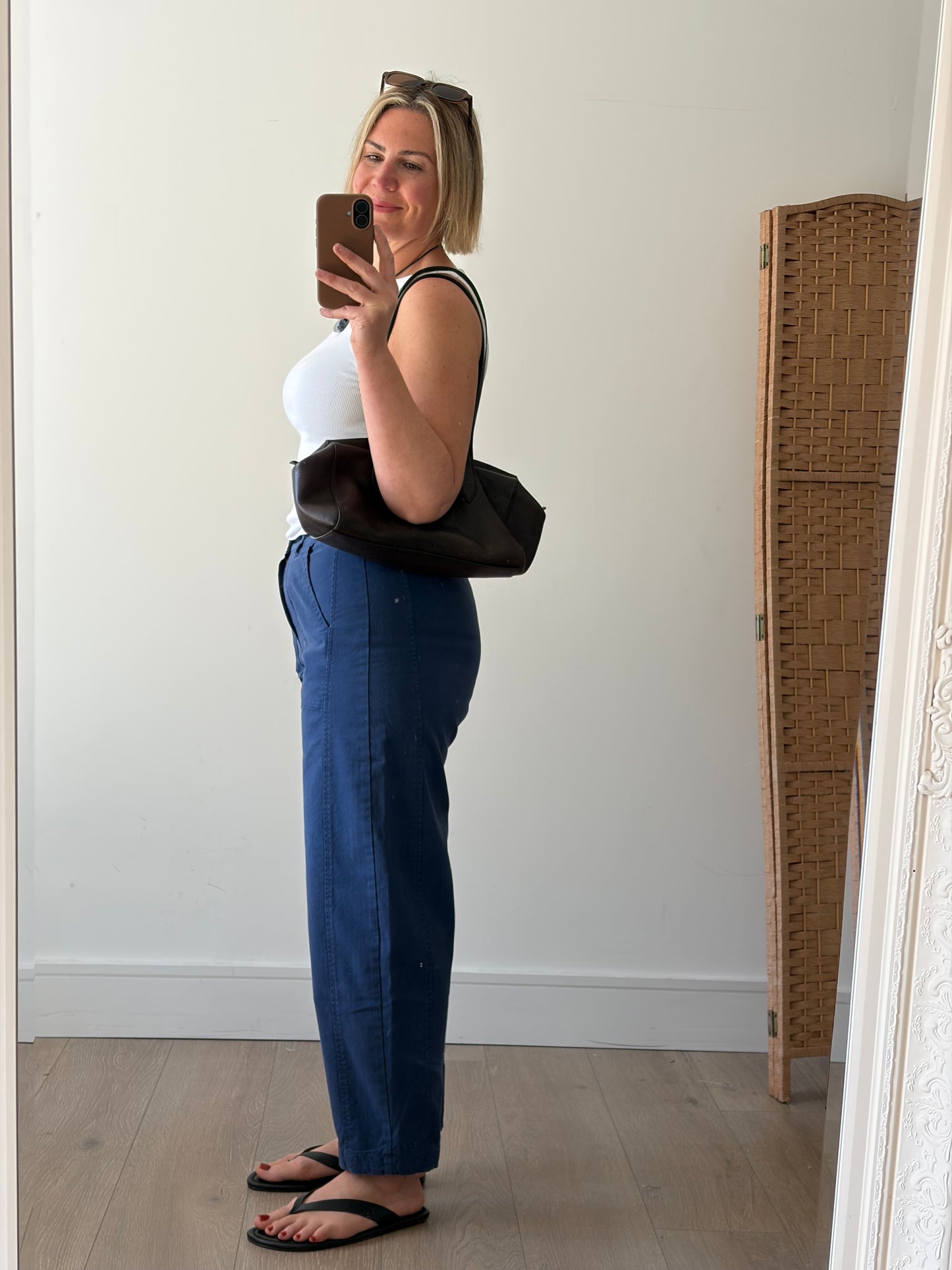 Blue barrel leg trousers