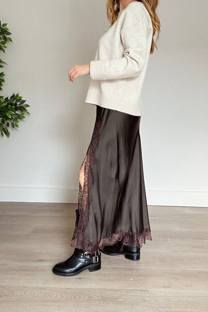 Satin Lace Detail Skirt With Split