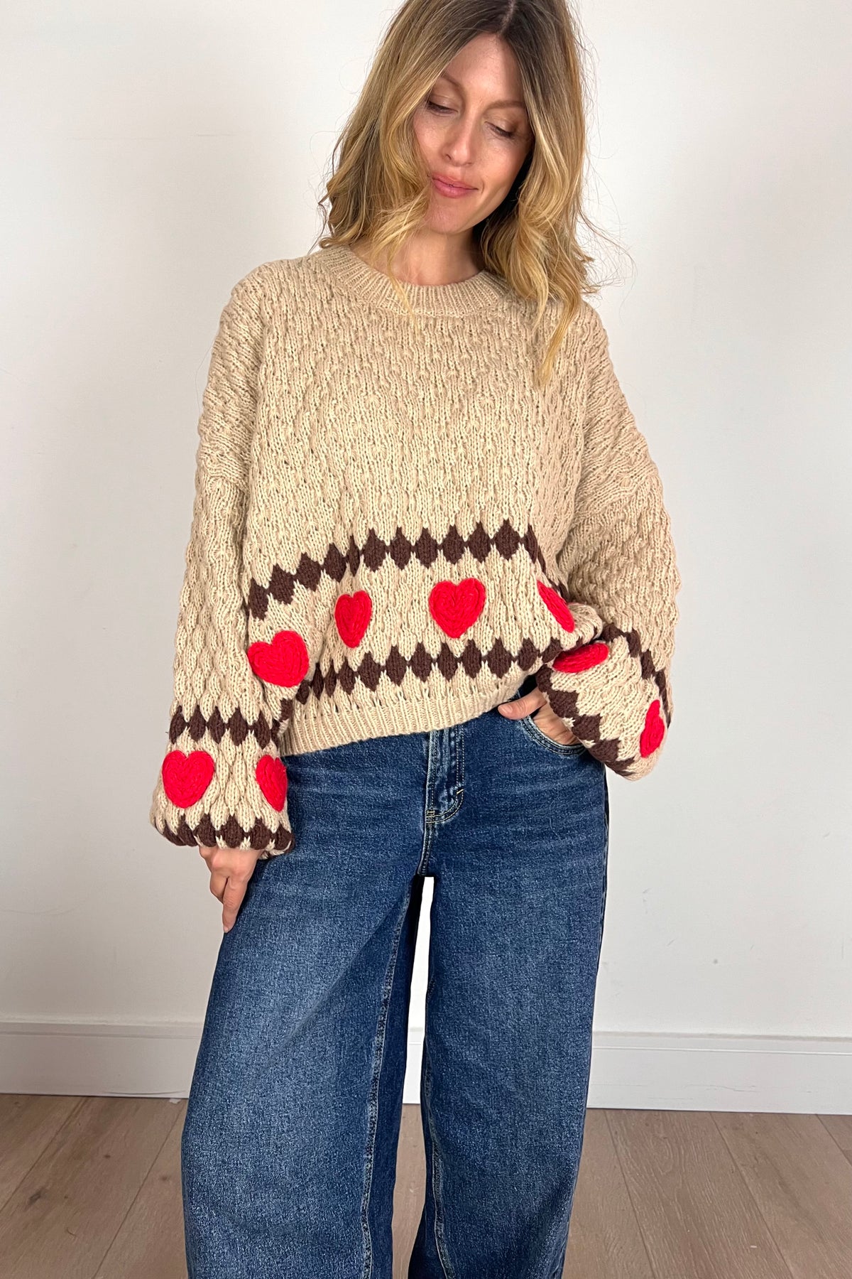 Beige Chunky Knit Jumper With Red Heart Detail