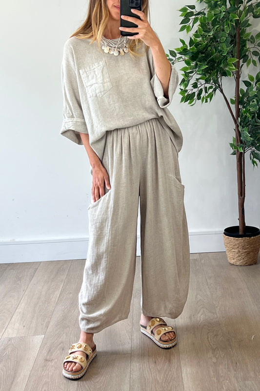Washed Linen Barrel Trousers in Natural