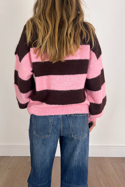 Pink/Brown Knit Jumper With Collar