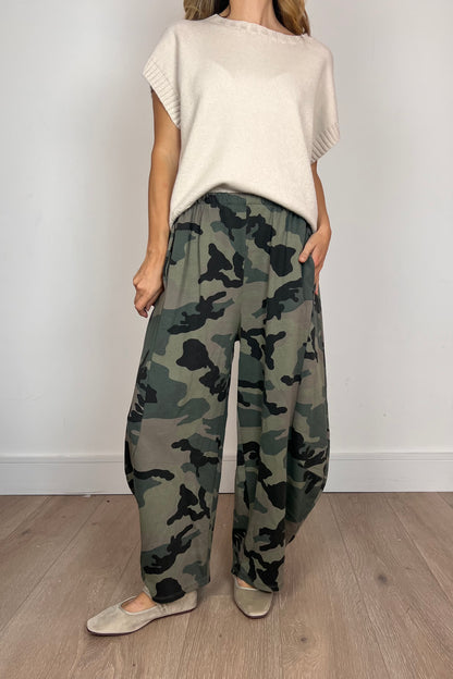 Khaki Camouflage Print Barrel Trousers